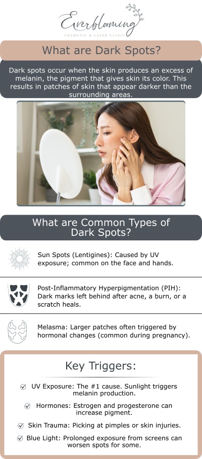 At Everblooming Cosmetic & Laser Clinic Dr. Gihan El Mokadem and her team of professionals understand that dark spots, also known as hyperpigmentation, can affect your confidence and overall skin appearance. Dark spots often appear as patches of darker skin compared to your natural tone and can result from sun exposure, aging, acne scarring, hormonal changes, or other skin conditions. Fortunately, modern clinical treatments offer effective solutions for reducing the appearance of these spots, helping your skin look smoother, brighter, and more even. For more information, contact us today or schedule an appointment online. We are conveniently located at 1885 Glenanna Rd Unit # 110, Pickering, ON L1V 6R6. At Everblooming Cosmetic & Laser Clinic Dr. Gihan El Mokadem and her team of professionals understand that dark spots, also known as hyperpigmentation, can affect your confidence and overall skin appearance. Dark spots often appear as patches of darker skin compared to your natural tone and can result from sun exposure, aging, acne scarring, hormonal changes, or other skin conditions. Fortunately, modern clinical treatments offer effective solutions for reducing the appearance of these spots, helping your skin look smoother, brighter, and more even. For more information, contact us today or schedule an appointment online. We are conveniently located at 1885 Glenanna Rd Unit # 110, Pickering, ON L1V 6R6.