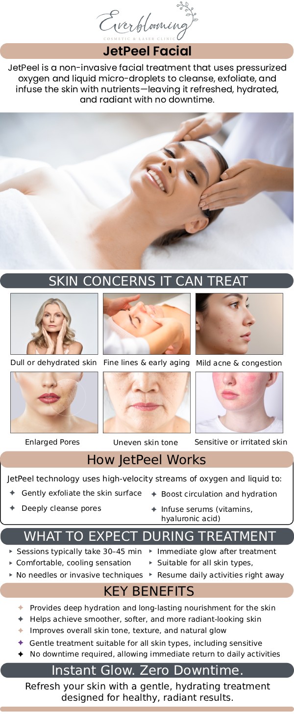 Discover the future of skincare with JetPeel™ Skin Infusion Therapy—a revolutionary treatment that goes beyond a traditional facial. Using cutting-edge jet technology, this non-invasive treatment infuses the skin with powerful nutrients, rejuvenating it from within without the need for needles, discomfort, or downtime. Experience glowing, refreshed skin with this luxurious, next-level therapy. For more information, contact us or request an appointment online. We are conveniently located at 1885 Glenanna Rd Unit # 110, Pickering, ON L1V 6R6.
